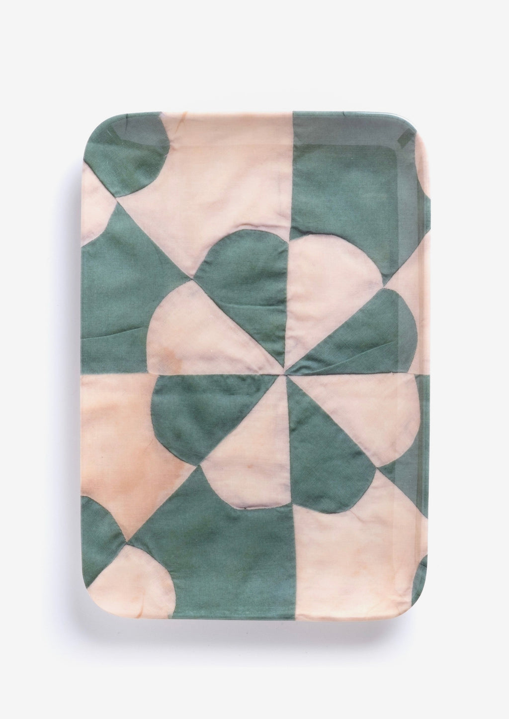 Medium / Green Multi: A patterned melamine tray in quilt pattern.