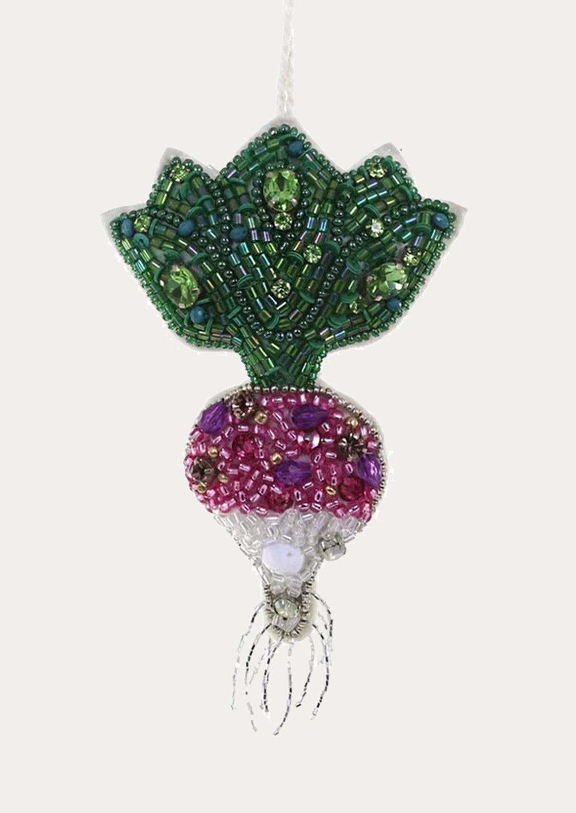 A beaded ornament depicting a radish.
