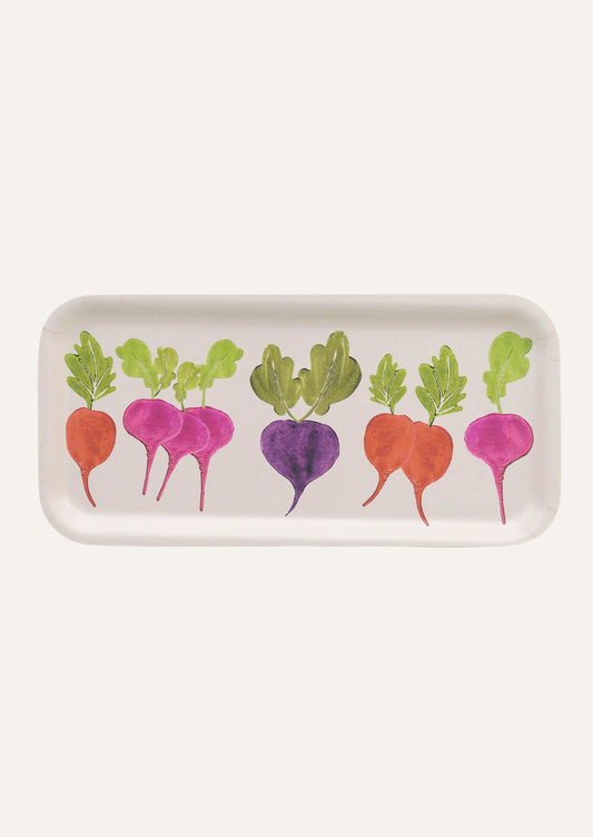 A rectangular wooden tray with an illustration of colorful root vegetables.