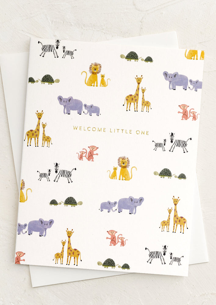 1: A greeting with baby animals print reading "Welcome little one".