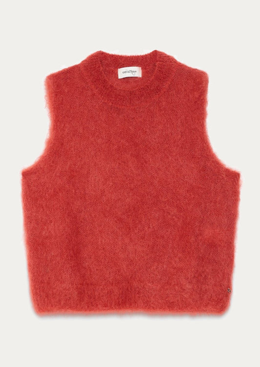 A super fuzzy sweater vest in vibrant raspberry color.