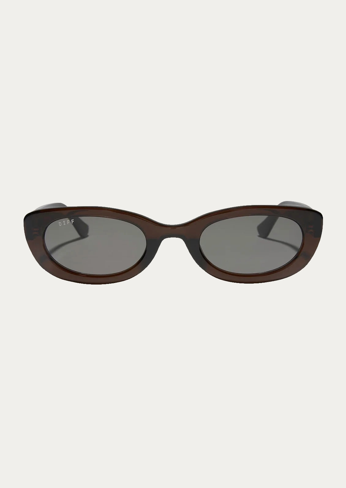 A pair of oval shaped sunglasses with a brown frame and grey lenses.