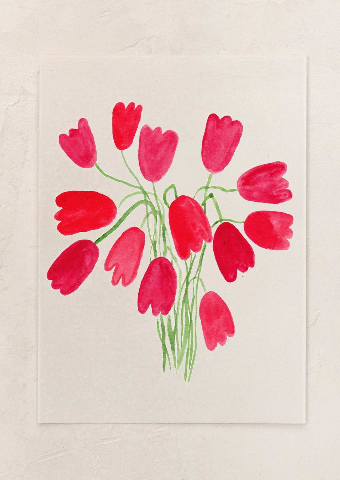 A risograph art print of a bouquet of red tulips on a white background.