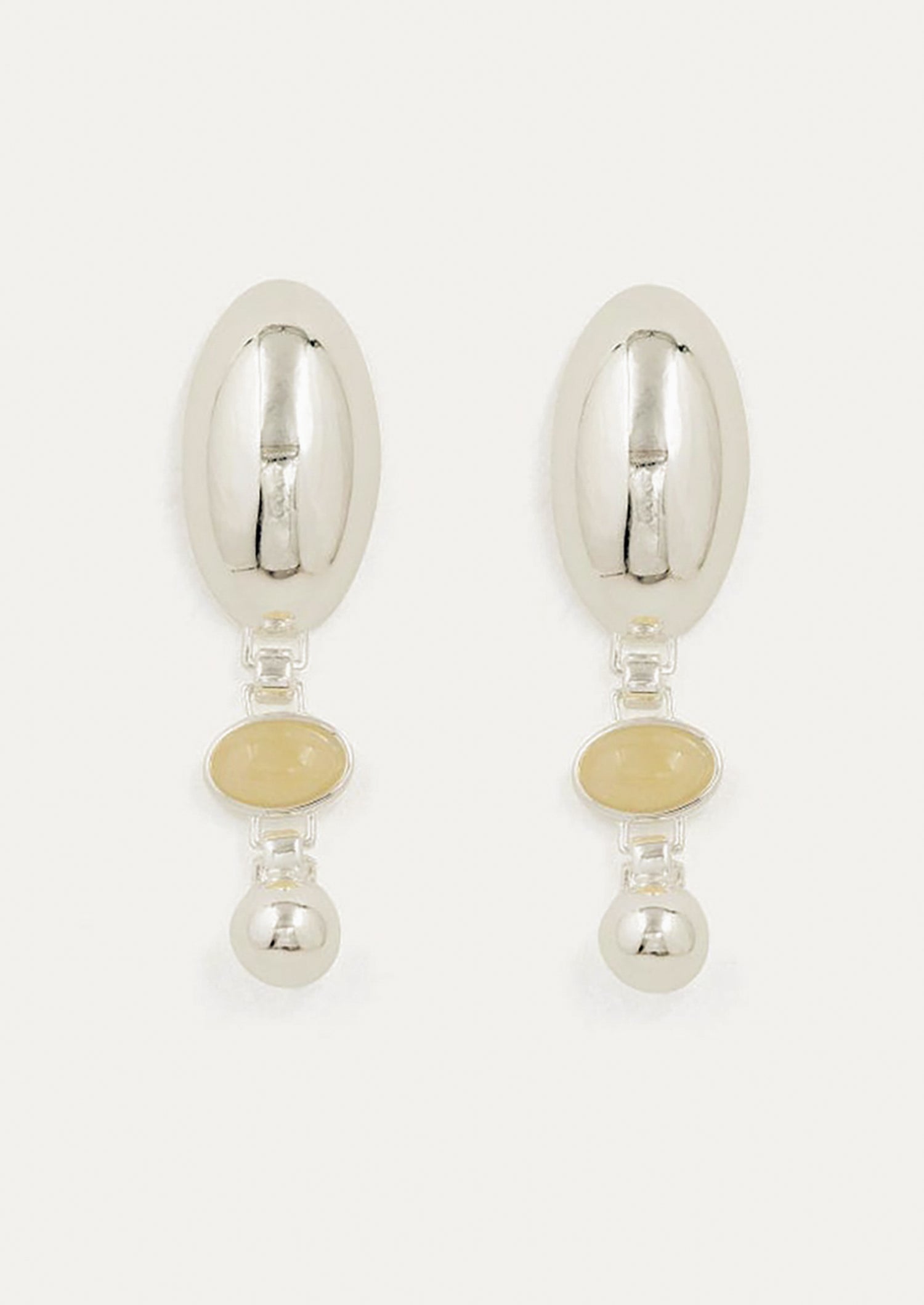 A pair of high shine silver earrings with honey topaz stone at center.