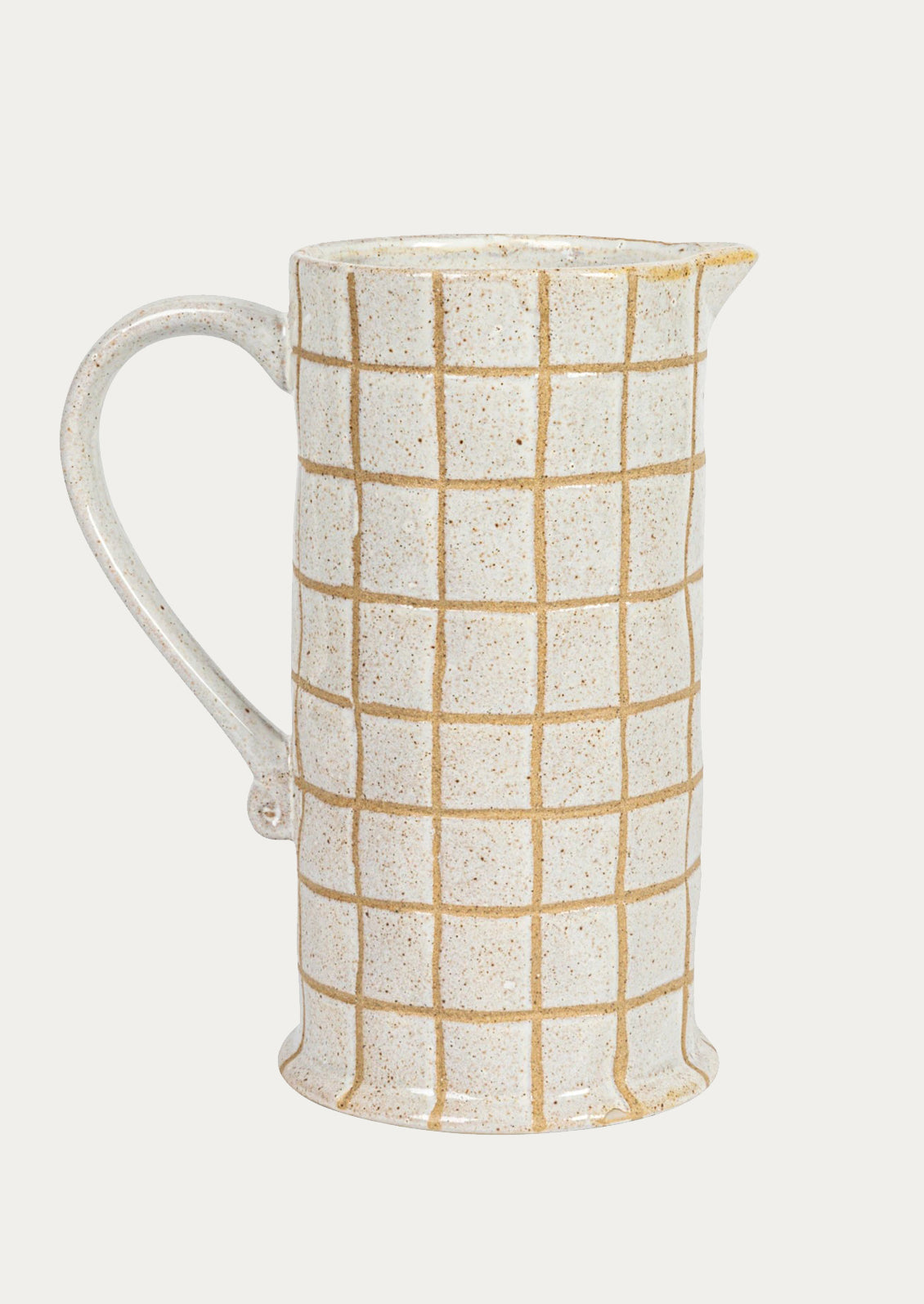 Ceramic pitcher with grid pattern on a white background