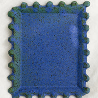 Borealis Blue / Large: A rectangular ceramic dish in matte blue with decorative trim.
