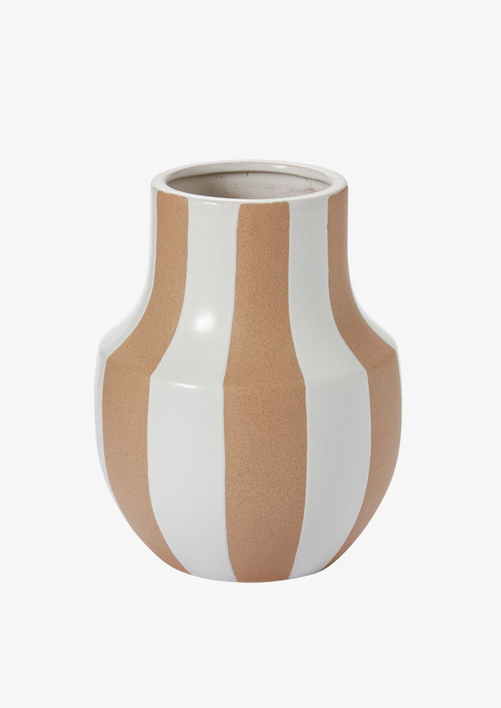 1: A sand ceramic vase with vertical white stripes and sculptural shape.