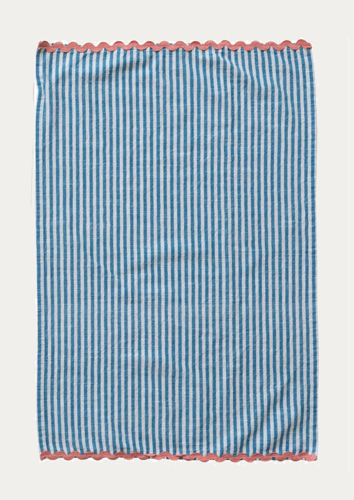 A blue and white striped tea towel with pink ric rac trim at top and bottom.