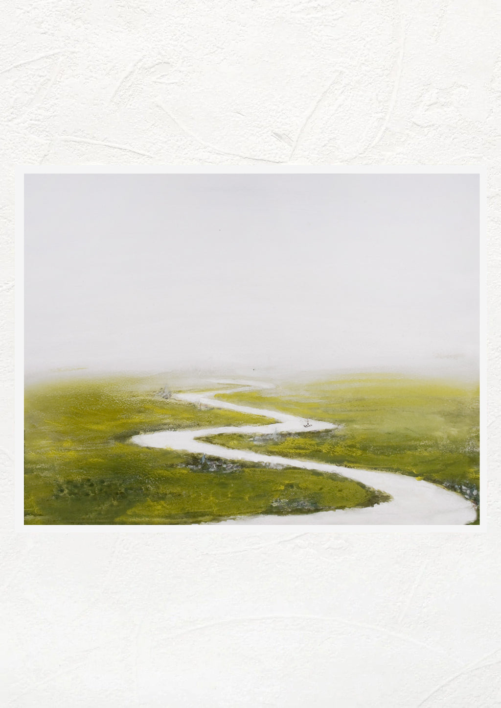 1: An art print of original painting depicting white river through green flatland.