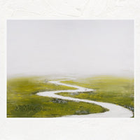 1: An art print of original painting depicting white river through green flatland.