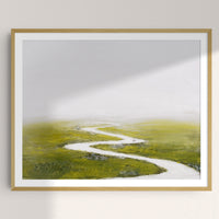 2: An art print of original painting depicting white river through green flatland, framed.