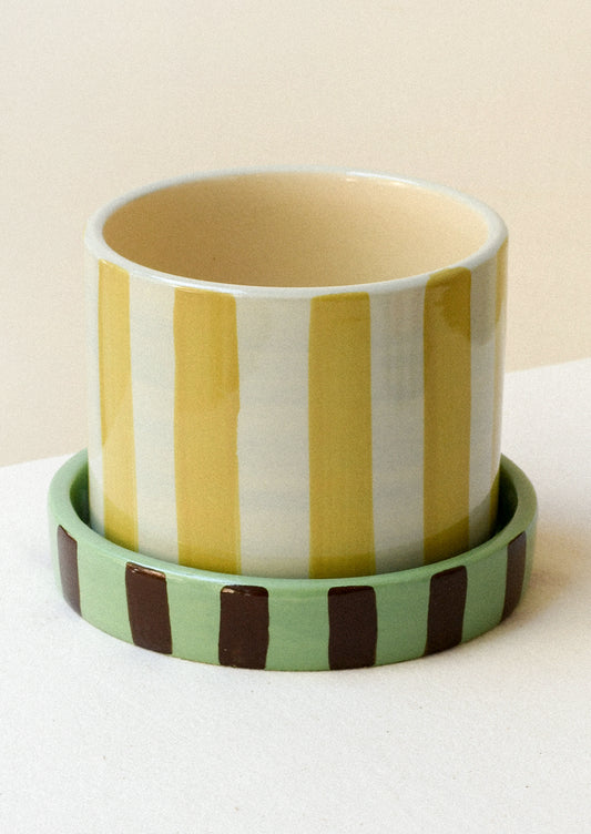 A colorful yellow and white striped ceramic planter with a striped green and brown saucer.