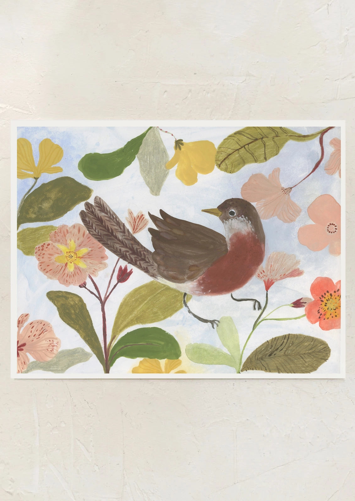 An art print depicting a robin among leaves and flowers.