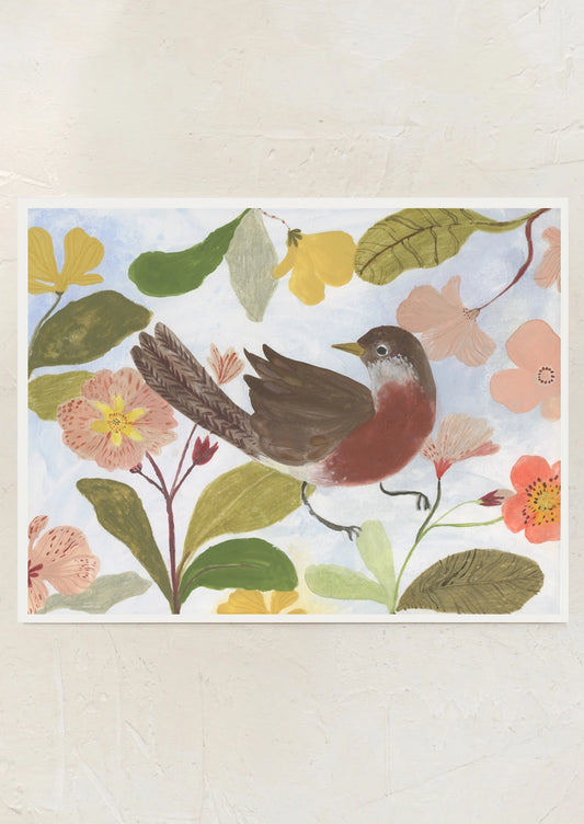 An art print depicting a robin among leaves and flowers.