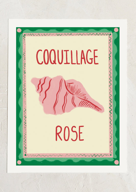 An art print of a pink shell with french text.