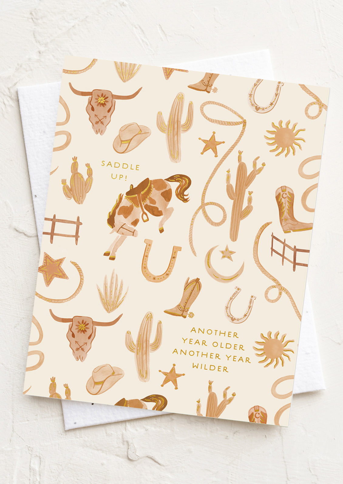 Greeting card with cowboy-themed illustrations on a white background