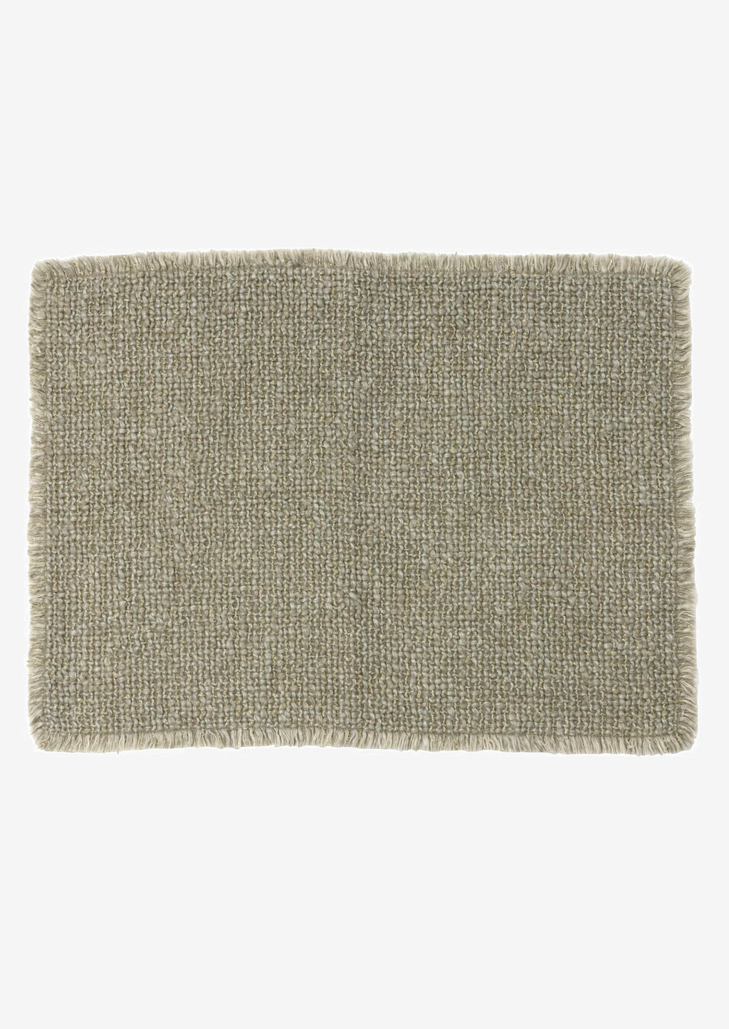 2: A sage green placemat with fringe edges.