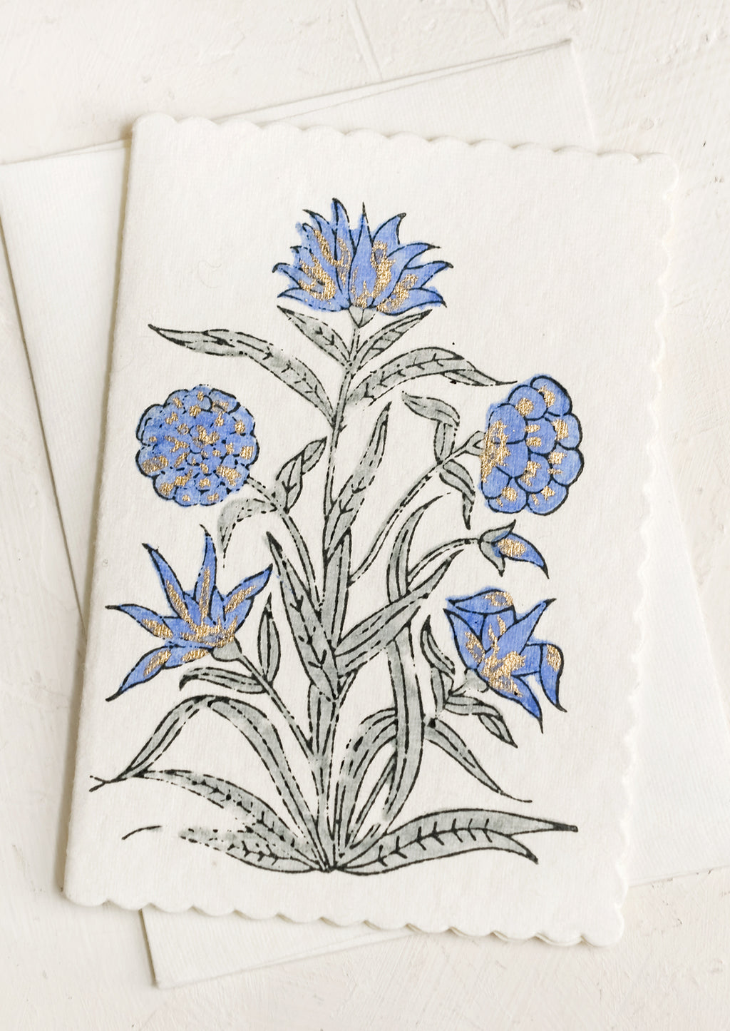 Periwinkle: A block printed periwinkle floral card with scalloped edges.