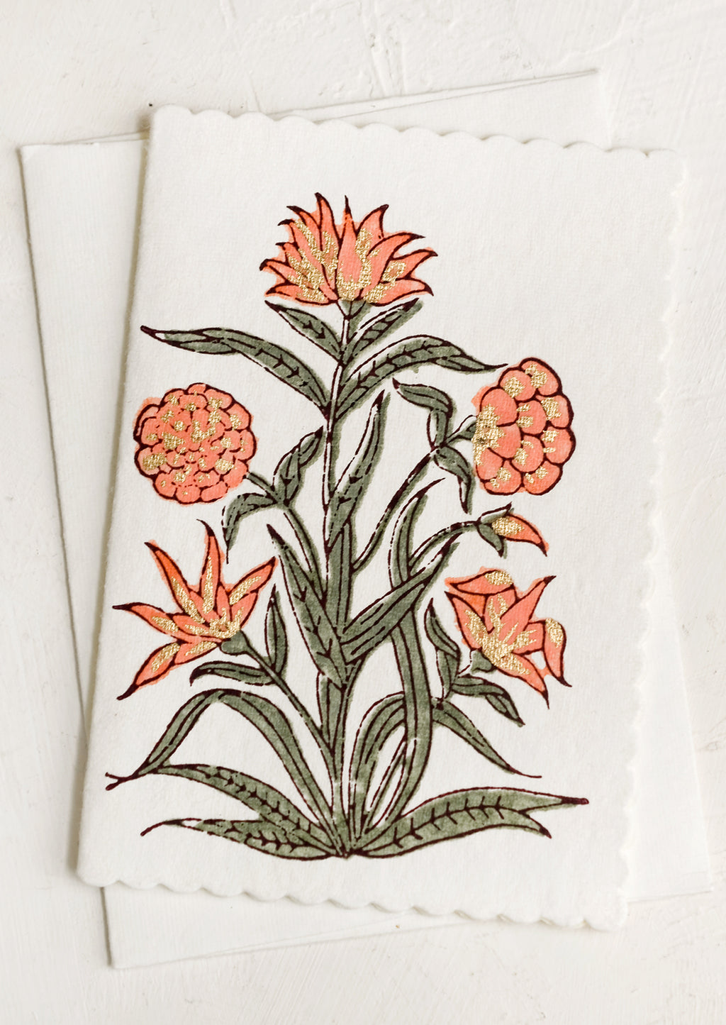 Peach: A block printed peach floral card with scalloped edges.