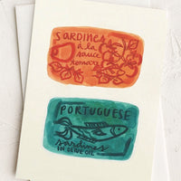 Orange / Teal: A blank card with illustration of orange and teal sardine tins.