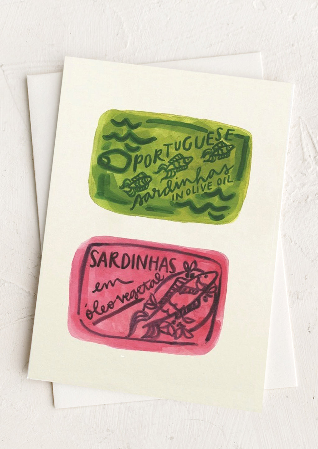 Pink / Green: A blank card with illustration of pink and green sardine tins.