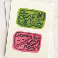 Pink / Green: A blank card with illustration of pink and green sardine tins.