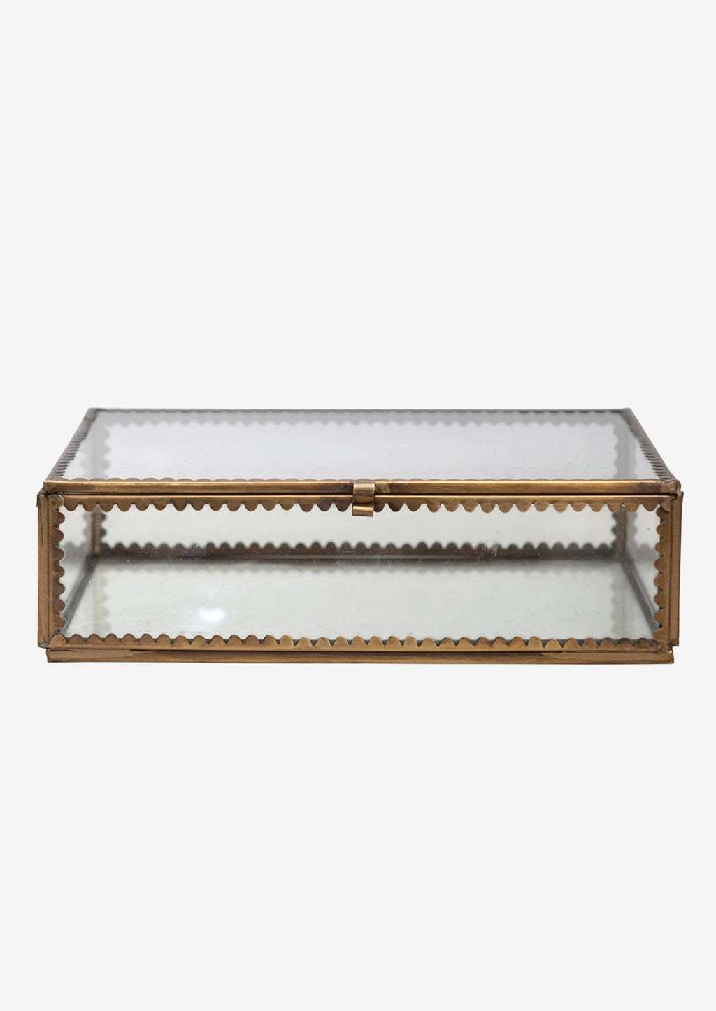 Large: Clear glass boxes with scalloped brass decorative trim.