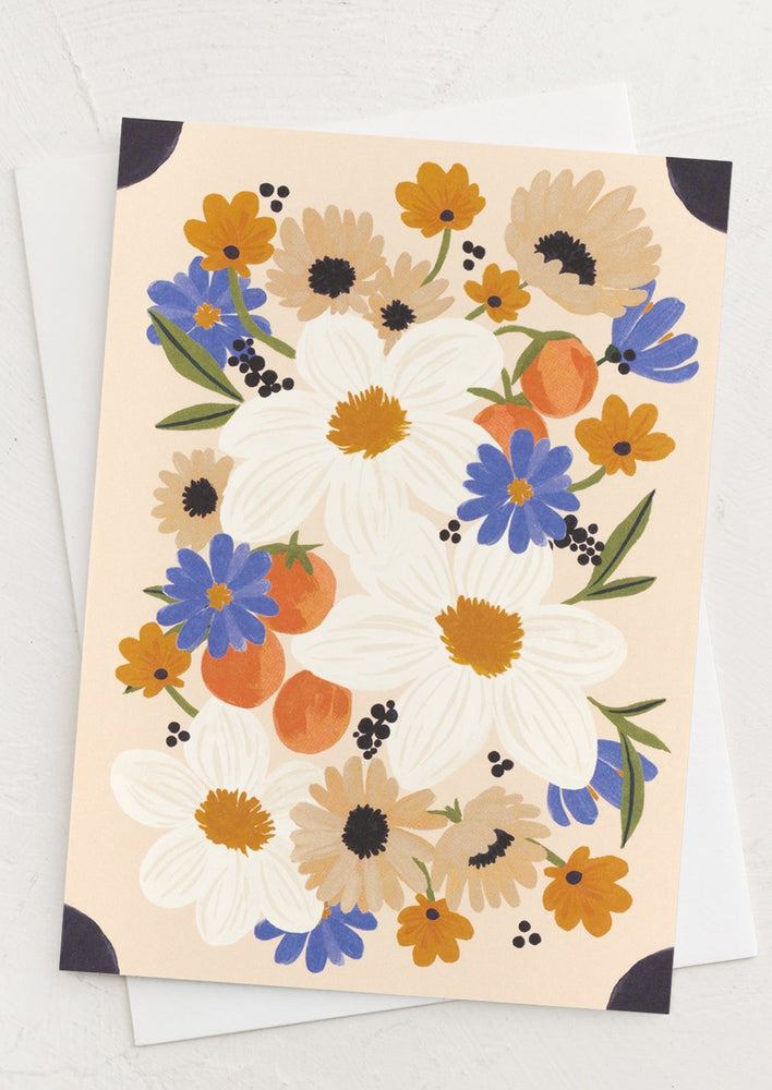 An illustrated floral card with picture book corners.