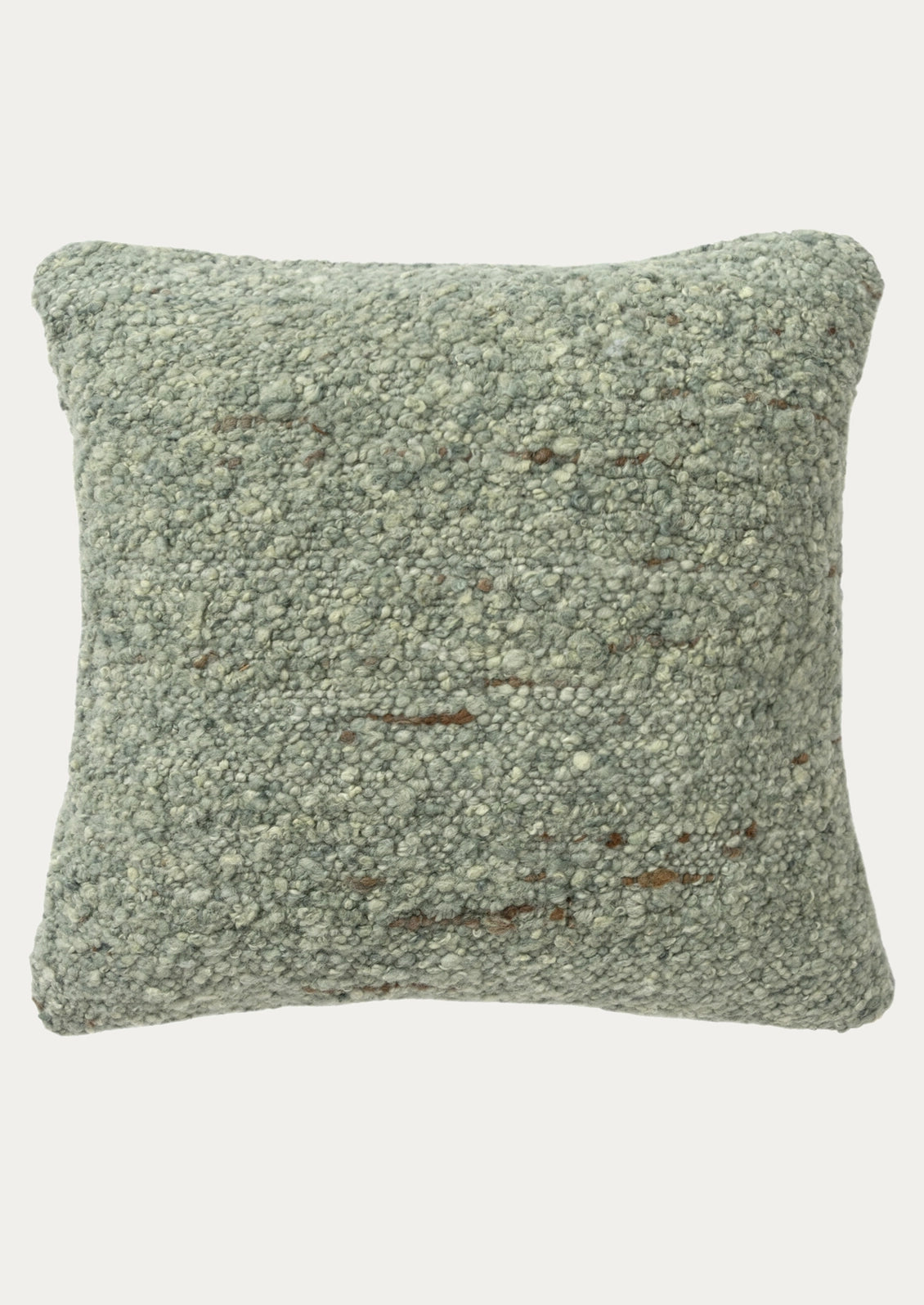 A square decorative throw pillow with a textured, chunky woven fabric in a muted sage green colorway with subtle brown accents, shown against a plain light gray background.
