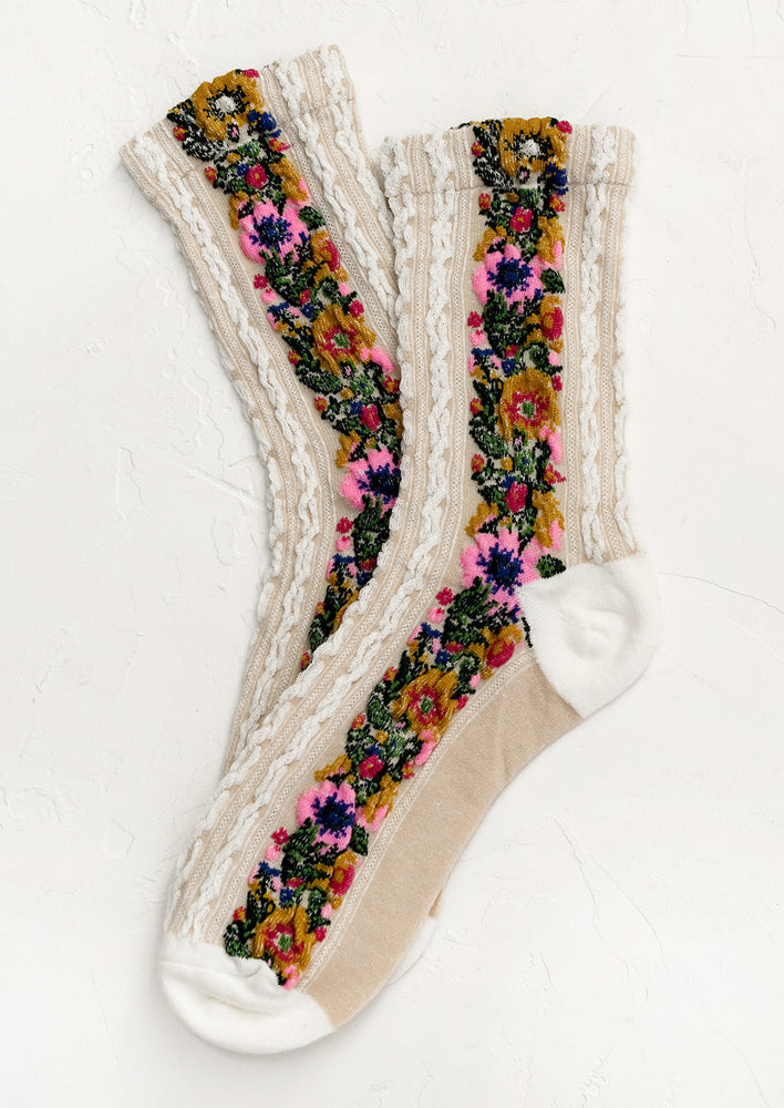 A pair of multicolor floral socks.