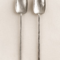 Pewter: Two piece salad serving set in a primitive silhouette, made in natural unpolished pewter finish.
