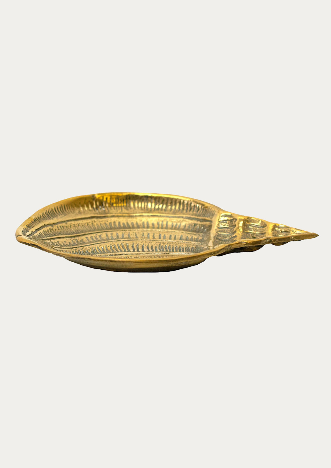 A shell-shaped shallow catchall dish in solid brass.