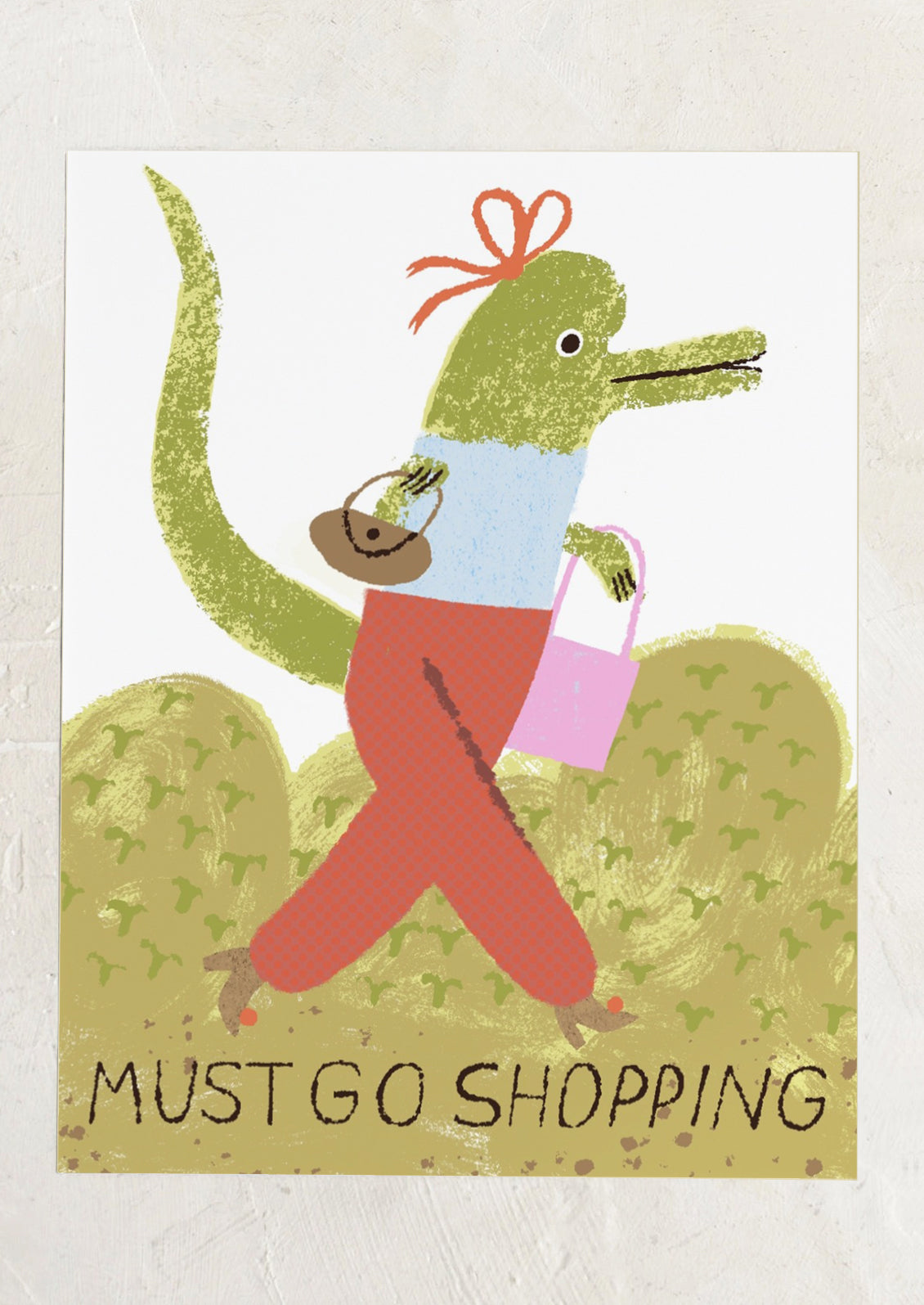 Cartoon crocodile wearing a blue shirt, red pants, and carrying bags with text 'Must Go Shopping' on a light background.