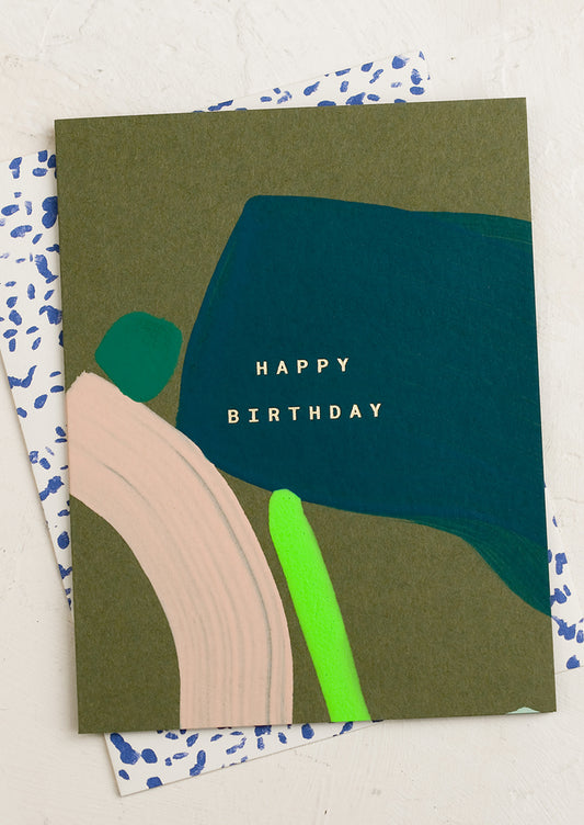 An abstract painted birthday card in tones of green and blue.