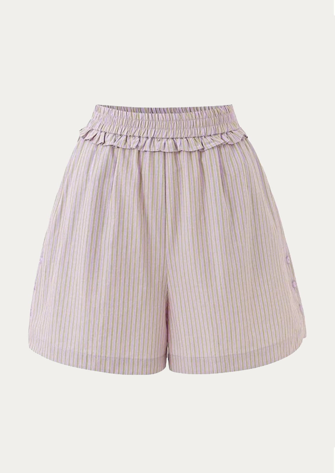 A pair of high-waisted, wide-leg shorts featuring vertical pink and white stripes, a ruffled elastic waistband, and subtle embroidered details on the sides, shown against a light off-white background.
