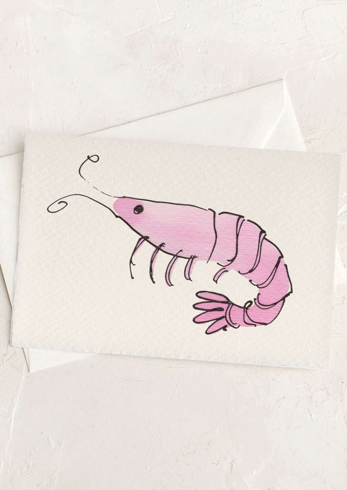 Card with a pink shrimp illustration on a white background