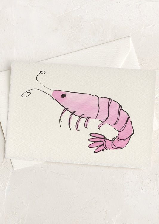 Card with a pink shrimp illustration on a white background