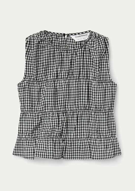 A black and white gingham sleeveless top.