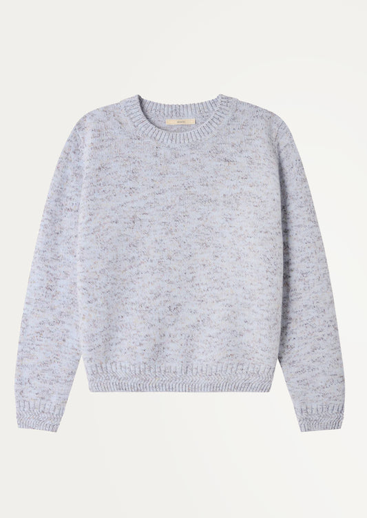 A wool sweater in periwinkle yarn mix.