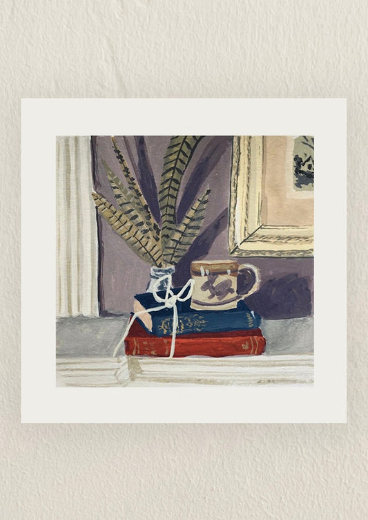 Printed artwork of a still life scene with books and a teacup.
