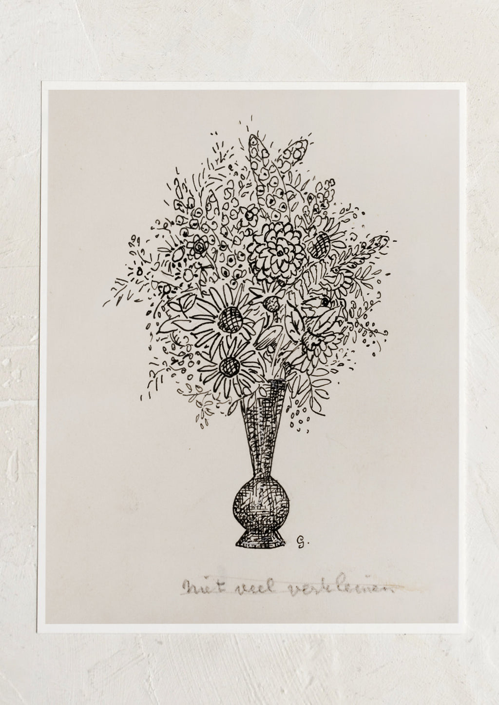 1: A vintage inspired art print in beige and black of sketch of flowers in vase.