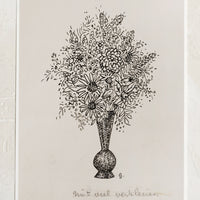1: A vintage inspired art print in beige and black of sketch of flowers in vase.