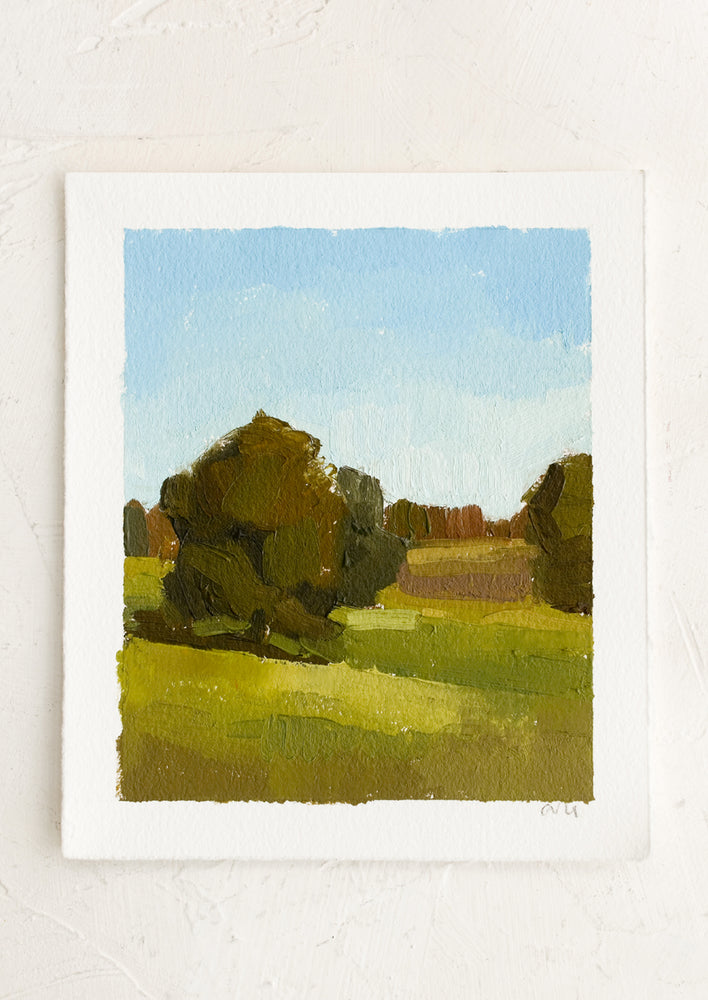 An original oil painting of a landscape on paper.