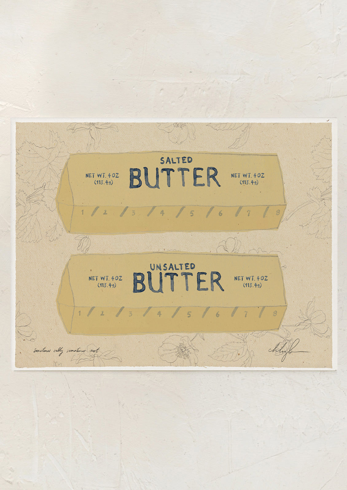 An art print of an illustration of two sticks of butter on a floral background.