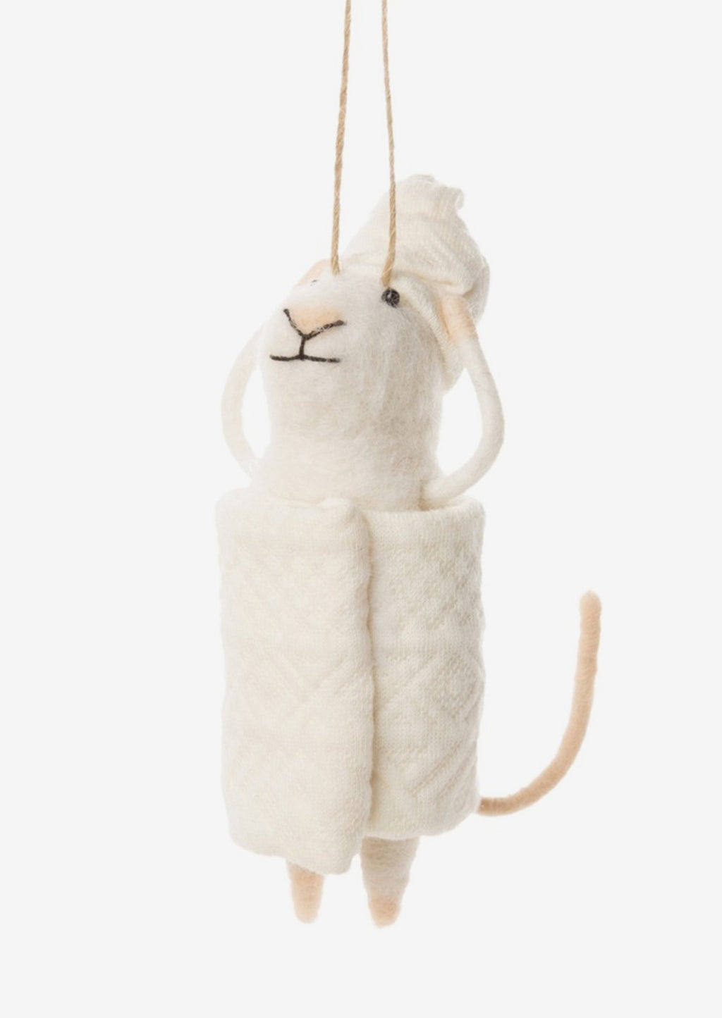 Spa Day: A felted mouse ornament wearing a towel.