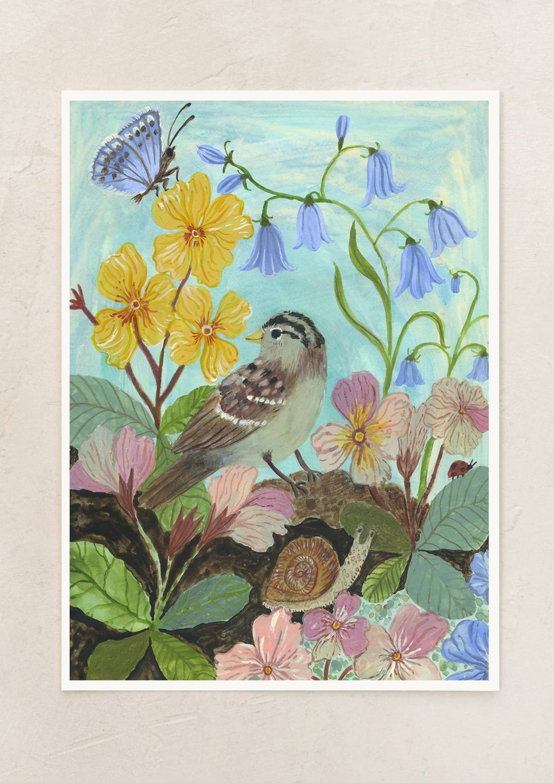 An art print of an illustration of a sparrow, snail and butterfly among flowers.