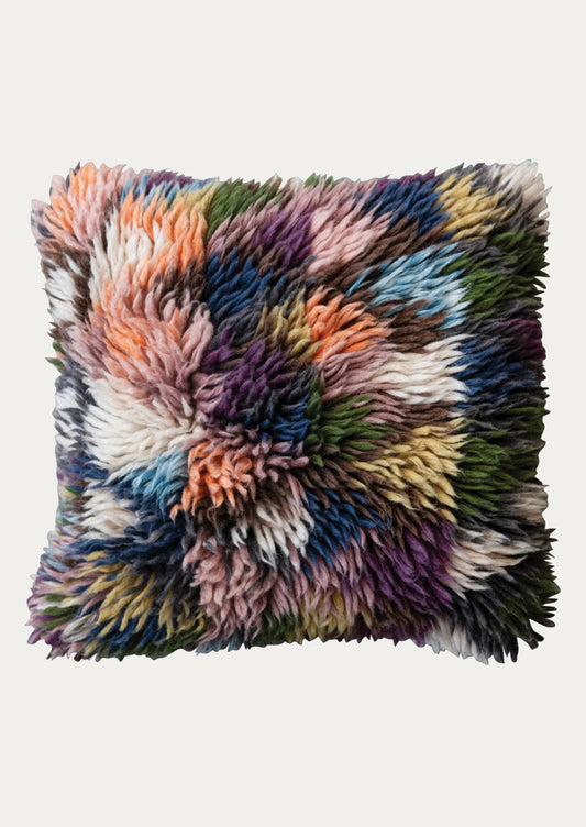 A throw pillow in multicolor wool shag.