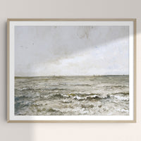 2: An art print of cloudy ocean painting in frame.