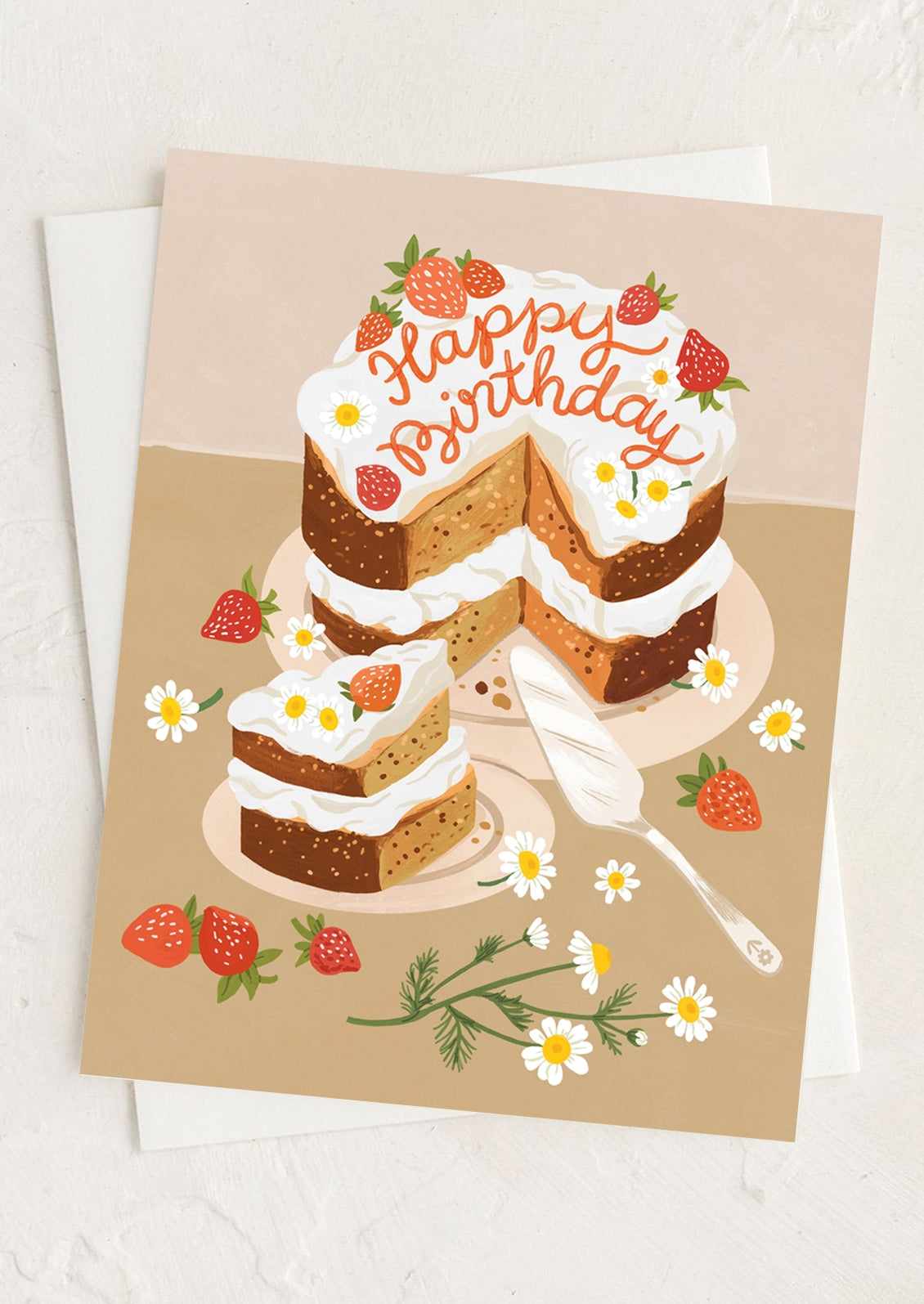 Birthday card with a cake illustration on a beige background