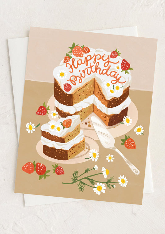 Birthday card with a cake illustration on a beige background